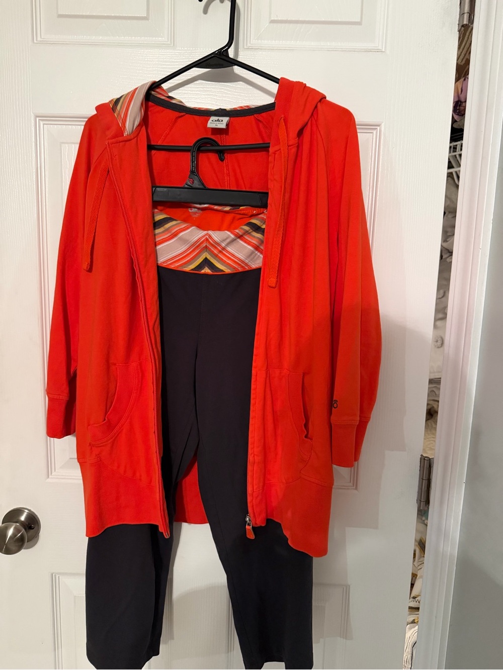 ALO Yoga Bright Orange Hooded Utility Jacket with Zip, Matching Capri Pant
